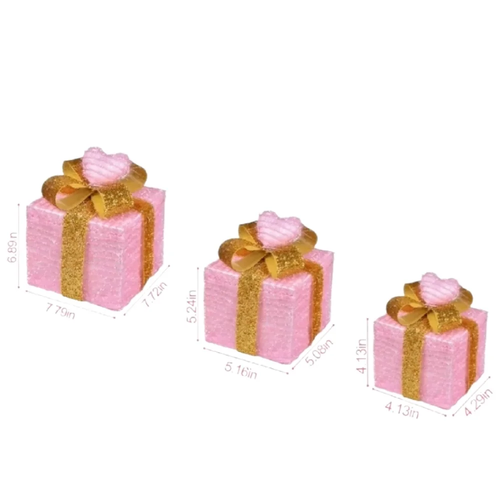 Pink Light-Up Gift Box Set – Heart Topper & Gold Ribbon Valentines Decor